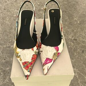 Versace multi colored patent leather slingback heel.
